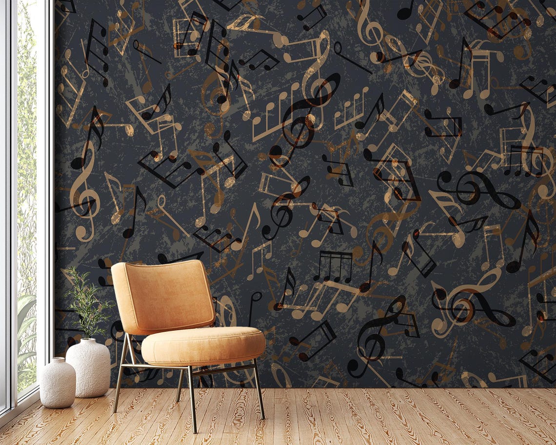 Musical Note Mural Musical Notes Vintage Wallpaper Notes Vinyl Wall Mural Peel and Stick ...