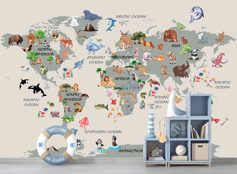 Nursery World Map Baby Room Wallpaper Kids Print Peel and Stick Nursery