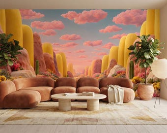 Desert Canyon Wallpaper, Boho Desert Wall Mural, Southwestern Wallpaper, Cactus Wall Decor, Living Room Wallpaper, Peel and Stick