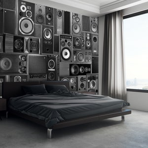 Carta da parati murale in vinile con altoparlanti musicali BW, stacca e attacca, stampa con sistema stereo retrò, collage di colonne musicali vintage, arte murale da parete per camera da letto