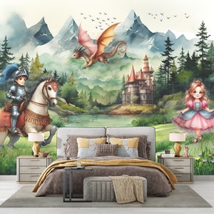 Princess Castle Mural Vinyl Wallpaper Kids Knight and Dragon Wall Mural Peel and Stick Nursery Pastel Room Decor Fairytale Landscape Art