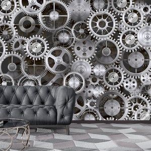 Gear Wallpaper Metal Wall Mural Mechanical Wall Decor Vintage Textured Peel and Stick Wallpaper Print Wall Mural Wall Art Decor Home Bedroom