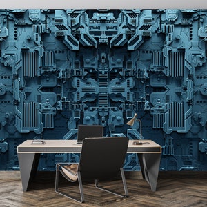 Techno Wall Background Wallpaper Mural Peel and Stick Armored Futuristic Cyber Gate Metal Wall Art Decor Gaming Wall Mural Bedroom Wallpaper