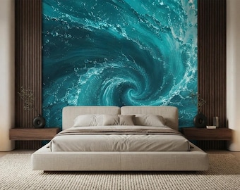 Turquoise Ocean Wave Wall Mural, Abstract Sea Swirl Peel and Stick Wallpaper