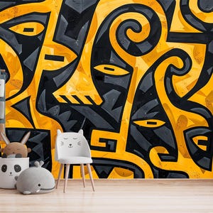 African Abstract Wallpaper Mural Yellow Black Tribal Expression Art Vinyl Peel And Stick Wallpaper Bold Ethnic Accent Wall Interior Print