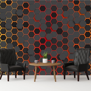 Mural de pared con formas hexagonales en negro, amarillo, rojo y naranja, papel tapiz abstracto, vinilo despegable y adhesivo, decoración de pared para sala de estar, hogar, oficina, decoración de juegos