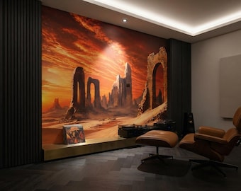 Desert Ruins Sci-Fi Wall Mural, Sunset Landscape Wallpaper (Peel & Stick or Non-Woven)