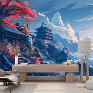 Japanese Mountain Wallpaper Temple Mural Scenic Asian Landscape Wall Mural Sakura Trees Zen Nature Peel and Stick Mural Living Room Bedroom