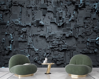 May include: Two green velvet armchairs with gold bases in front of a wall with a 3D printed design of a futuristic circuit board.