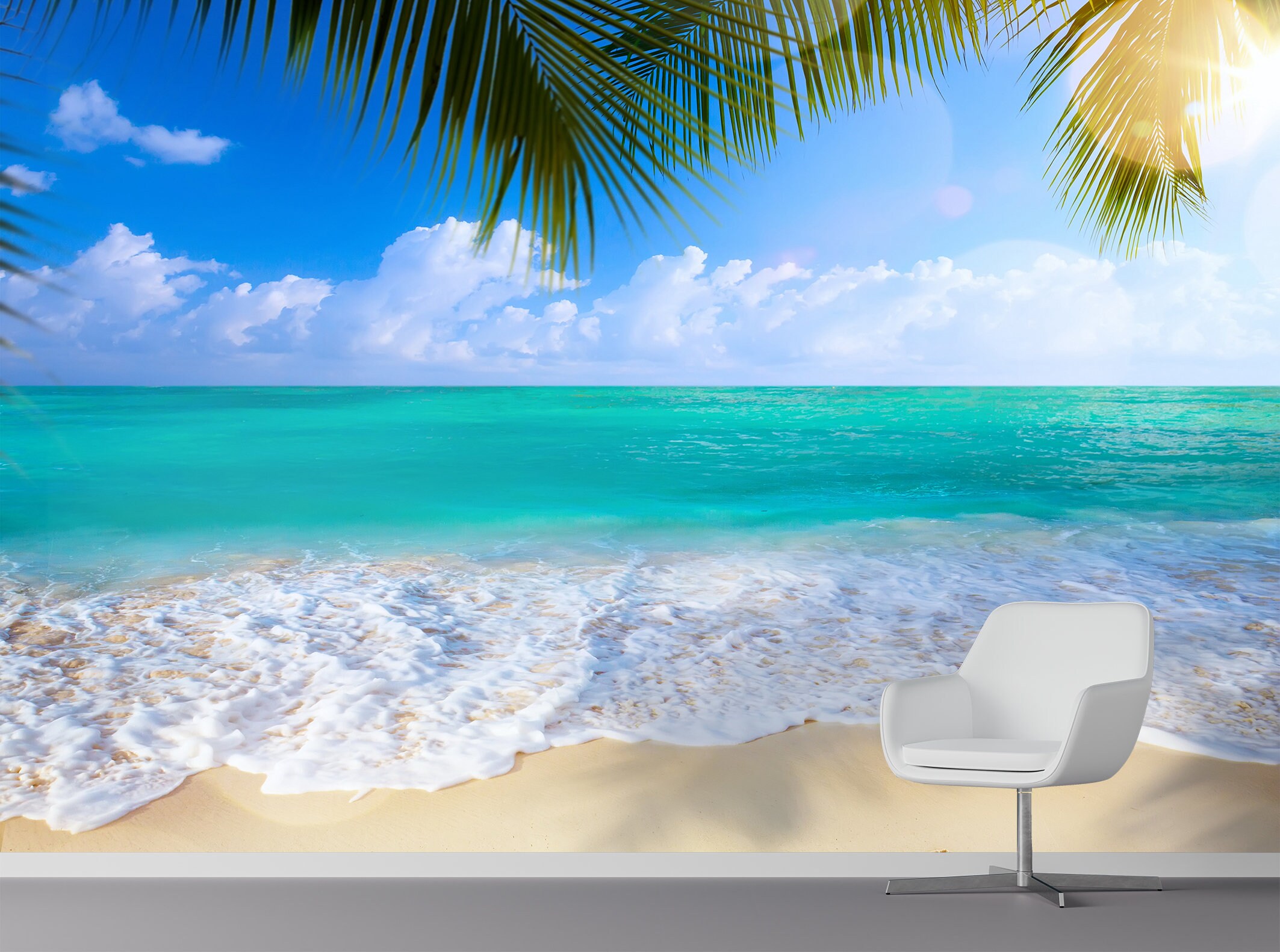 Ocean Beach With Palm Trees Mural Textured Peel and Stick Sea Wallpaper