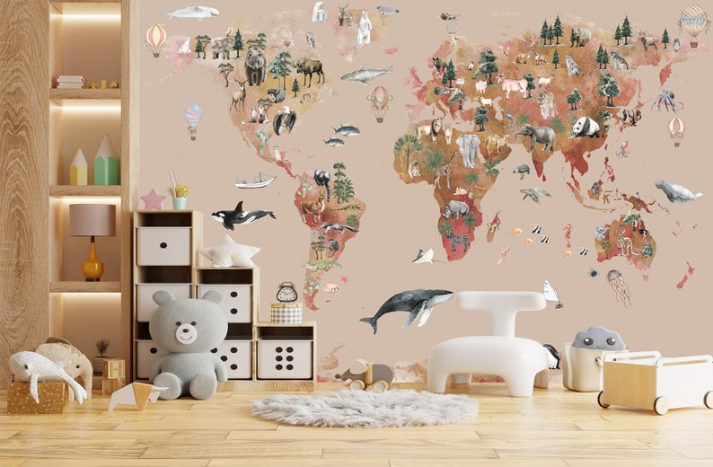 Nursery World Map Wallpaper Kids Print Peel and Stick Nursery Brown