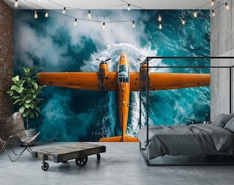 Seaplane Wallpaper, Vintage Aircraft Wall Mural, Ocean Plane Peel and Stick Wallpaper, Aviation Decor, Coastal Office Wall Art