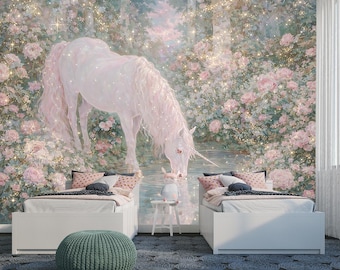 Magical Unicorn Peel and Stick Wall Mural, Pink Floral Nursery Wallpaper