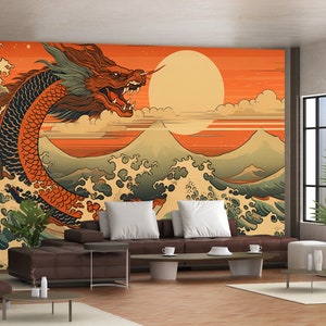 Great Wave off Kanagawa Wallpaper Dragon In The Waves Art Peel And Stick Vintage Asian Wallpaper Print Retro Japanese Wall Mural Artsy