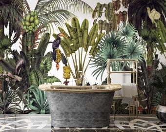 Tropical Jungle Wallpaper Mural, Exotic Bird Wallpaper, Botanical Leaf Wall Decor, Luxury Palm Tree Wallpaper, Maximalist Bathroom Decor