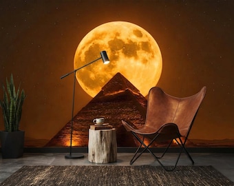 Egyptian Pyramid Wallpaper, Moon Wall Mural, Desert Night Decor, Self Adhesive Vinyl or Non Woven Wallpaper, Bedroom Office Decor