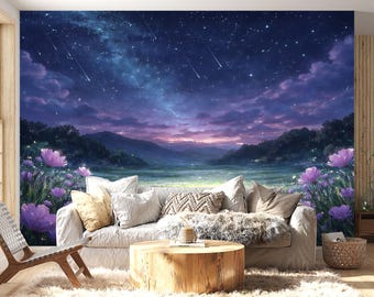 Starry Night Landscape Wall Mural Fantasy Sky Flower Field Wallpaper, Milky Way Stars, Peel & Stick Bedroom Decor