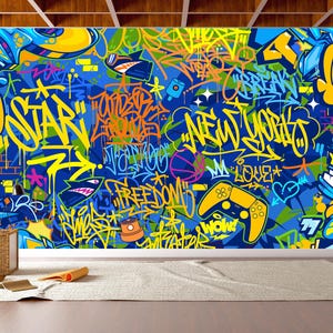 Carta da parati con graffiti, murale di arte di strada urbana, design artistico luminoso, decorazione vibrante, sala giochi, soggiorno, murale hip hop