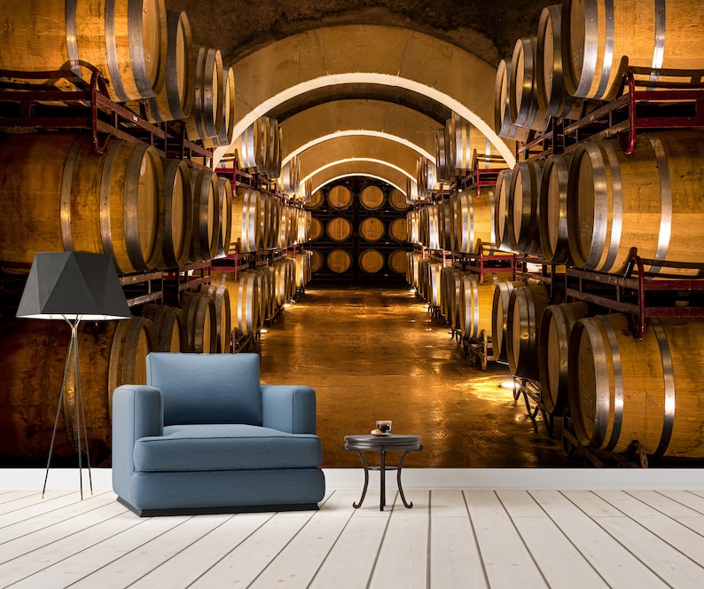 Wine Cellar Wall Mural Peel and Stick Wallpaper With Barrels Rustic ...