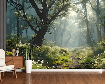 May include: A misty forest path winds through a lush green forest with tall trees and dappled sunlight. The path is lined with green moss and white wildflowers.