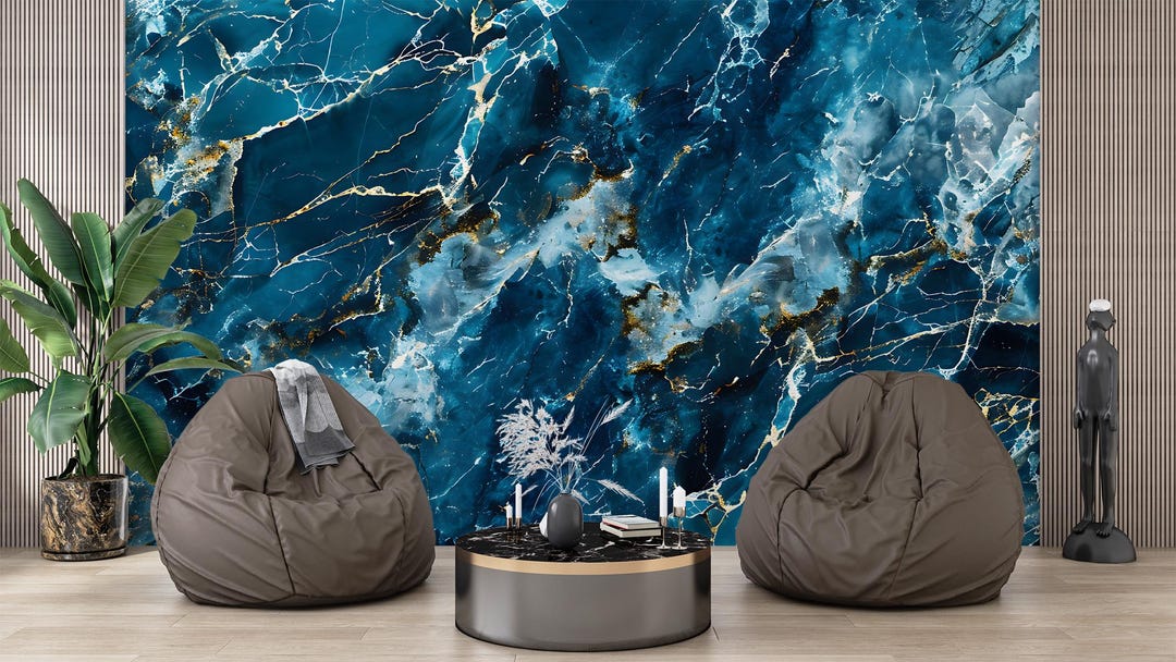Blue and Gold Marble Vinyl Wallpaper, Peel and Stick Mural - Etsy