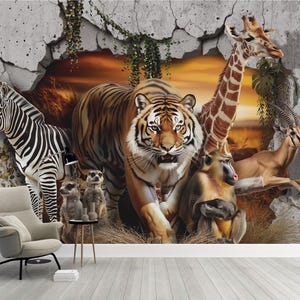 Carta da parati 3D Safari Natura Animali Giungla Fotomurales Stacca e Attacca Giraffa Zebra Tigre Zoo Carta da Parati Centro Commerciale Sala Giochi per Bambini
