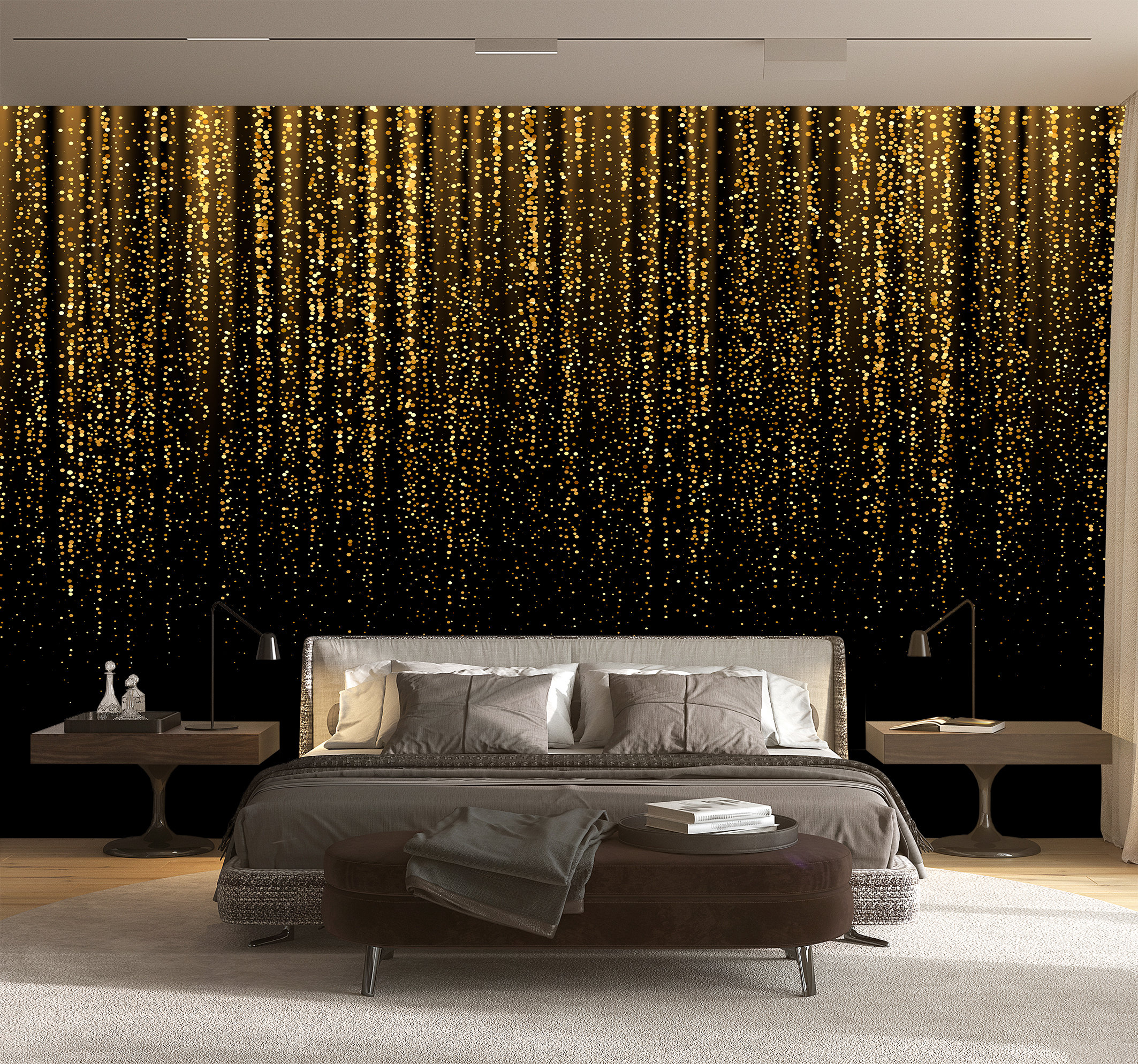 Black Golden Rain Art Wallpaper Abstract Wall Mural Abstract Etsy