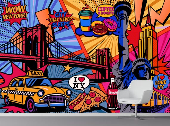 Lindo ニューヨークタクシー壁掛けアート NYC Comic Pop Art Wall Mural – Brooklyn Bridge, Statue of Liberty