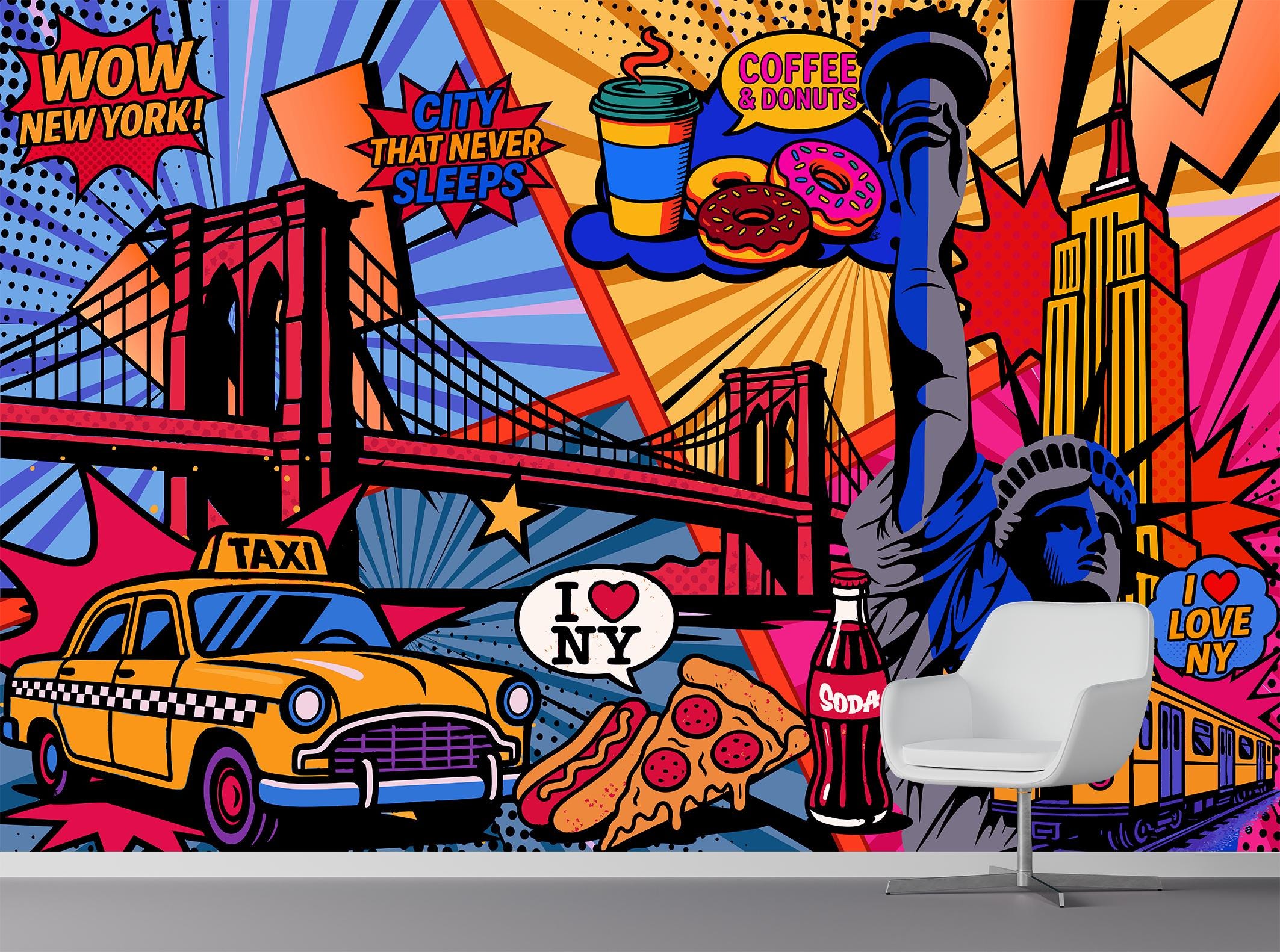 NYC Comic Wall Mural – Peel and Stick New York Wallpaper, Pop Art