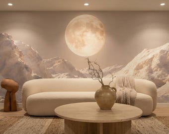 Mountain Moon Wallpaper, Snowy Alps Mural, Neutral Beige Wall Mural, Peel and Stick or Non Woven Wallpaper, Living Room Decor