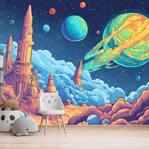 Fantasy Galaxy Wallpaper Colorful Space Landscape Planet Sky Tower Clouds Sci-Fi Dream Cosmos Stars Surreal Art Bedroom Mural Kids Room Deco