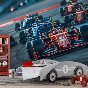 Papel de parede de corrida de Fórmula 1, carros esportivos vermelhos, mural de parede de vinil, decoração de sala de jogos, interior para adolescentes, amantes de carros, impressão