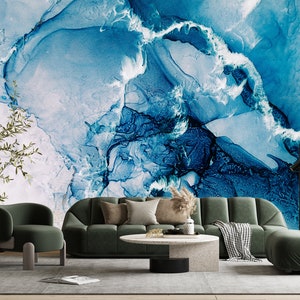 Blue Luxury Marble Wall Mural Abstract Wallpaper Modern Stylish Wall Art Mural Print Vinyl Wallpaper Peel and Stick Room Decor Wave Art