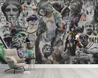 Statues Graffiti Wallpaper, Grunge Street Art Mural (Peel and Stick)