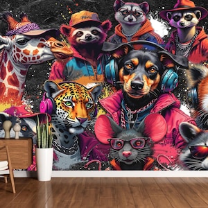 Carta da parati Graffiti Animal Crew Peel and Stick in vinile non tessuto Hip Hop Street Style Wild Gang Murale da parete Camera per bambini Camera per adolescenti Arte colorata