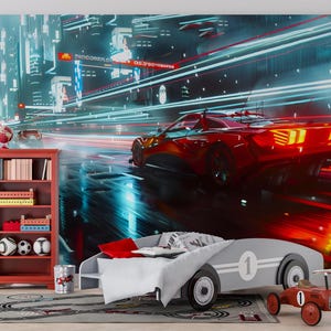 Carta da parati auto da corsa cyberpunk, murale futuristico della città al neon, murale della velocità, autoadesivo per camera da letto, sala giochi, stacca e attacca la stanza dei bambini