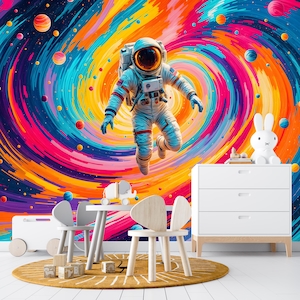 Carta da parati murale con astronauta, tema spaziale, sfondo con pianeti, stelle e galassie colorate, stacca e attacca, decorazione per camera da letto, sala giochi per bambini