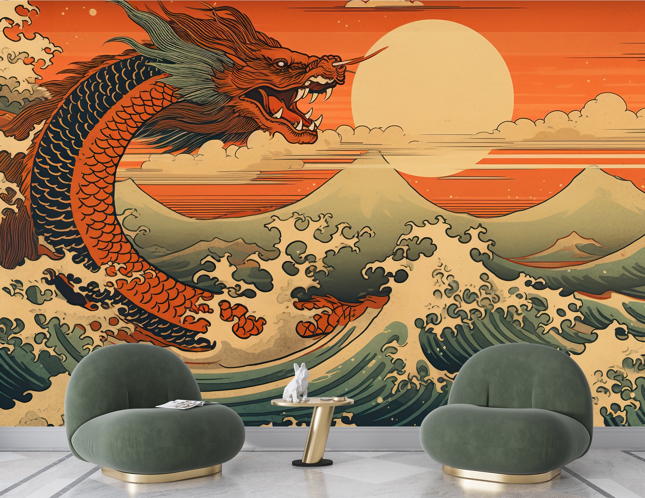 Great Wave off Kanagawa Wallpaper Dragon in the Waves Art Textured Peel