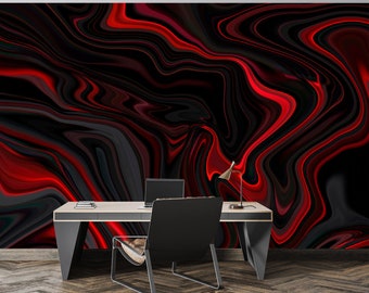 Black Marble Wall Mural, Red Fluid Design, Peel and Stick Wallpaper