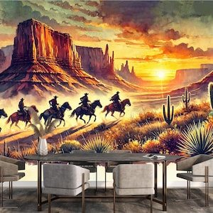Carta da parati vintage con cowboy western, scena del deserto del selvaggio West, cactus, cavalli, carta da parati adesiva per camera da letto e soggiorno, carta da parati con cowboy