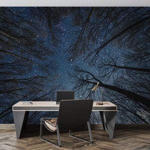 Arbres, vue de dessous, papier peint en vinyle, décoration murale paysage forestier, impression d'art, vue du ciel étoilé, décoration murale murale pour chambre à coucher