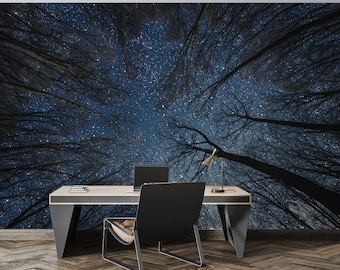 Starry Night Forest Wallpaper Mural, Peel and Stick