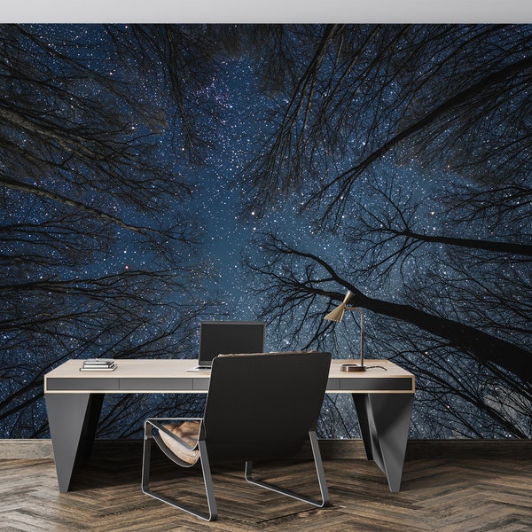 Trees Bottom View Vinyl Wallpaper Peel and Stick Wall Mural Forest Landscape Art Print View Of The Starry Night Sky Mural Wall Decor Bedroom