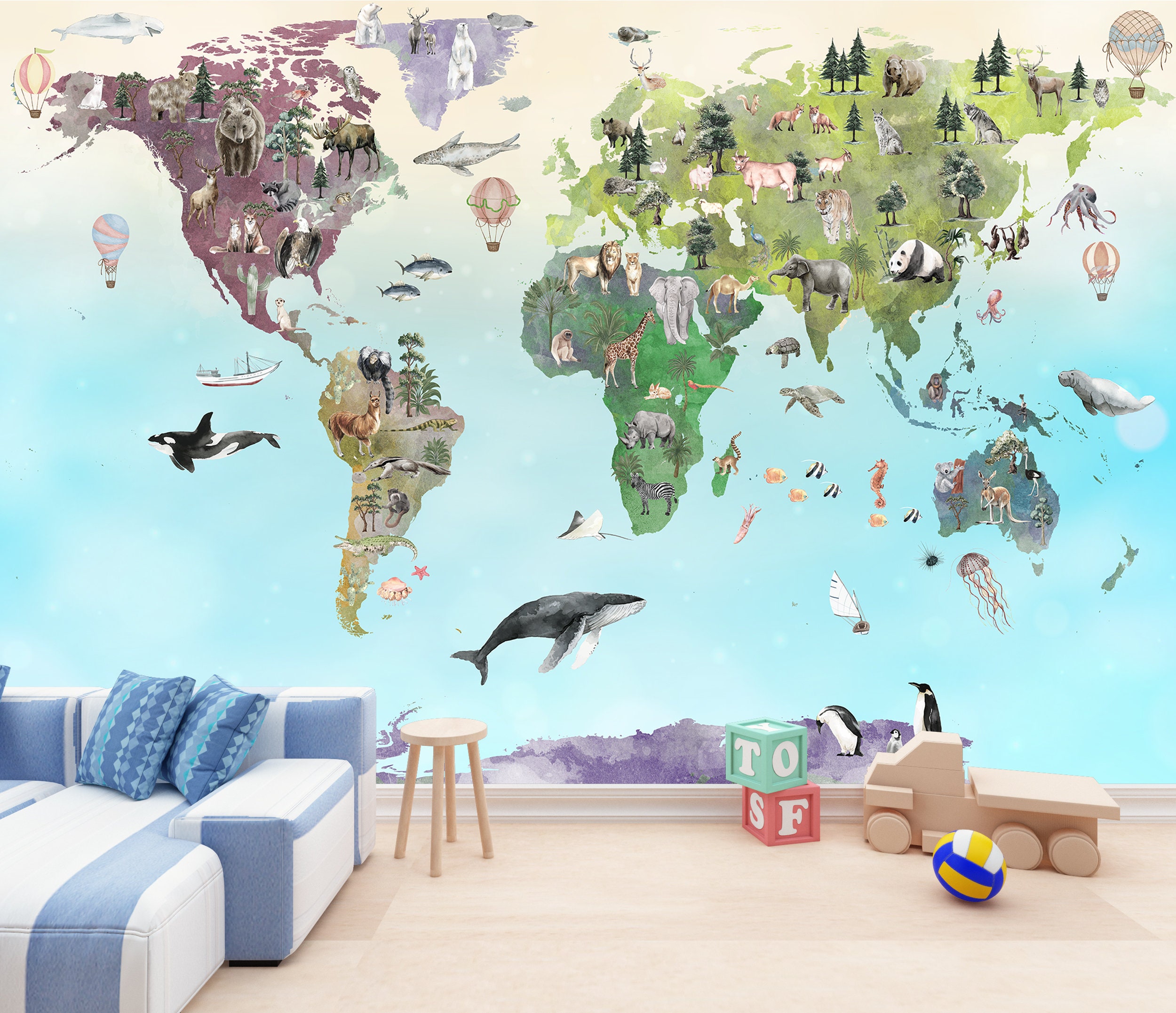 Nursery World Map Baby Wallpaper Kids Room Print Peel and Stick Nursery ...