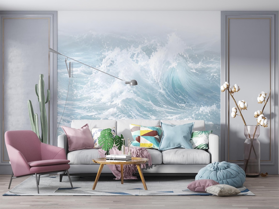 Ocean Waves Wallpaper Mural Peel and Stick, Blue Sea Wall Art, Coastal ...