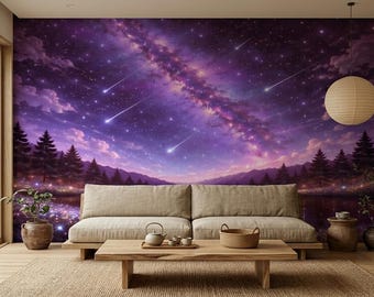 Purple Galaxy Wall Mural with Shooting Stars, Space Wallpaper, Nebula Wall Decor, Modern Accent Wall, Peel and Stick Wallpaper