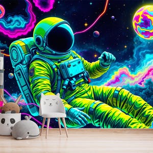 Carta da parati murale colorata con spazio per bambini, sfondo con astronauta e galassia, carta da parati con pianeti e stelle, decorazione vivace per la camera dei bambini