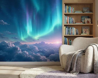 Aurora Borealis Wallpaper, Northern Lights Wall Mural, Sky Clouds Wallpaper, Peel and Stick Nursery Decor, Non Woven Mural