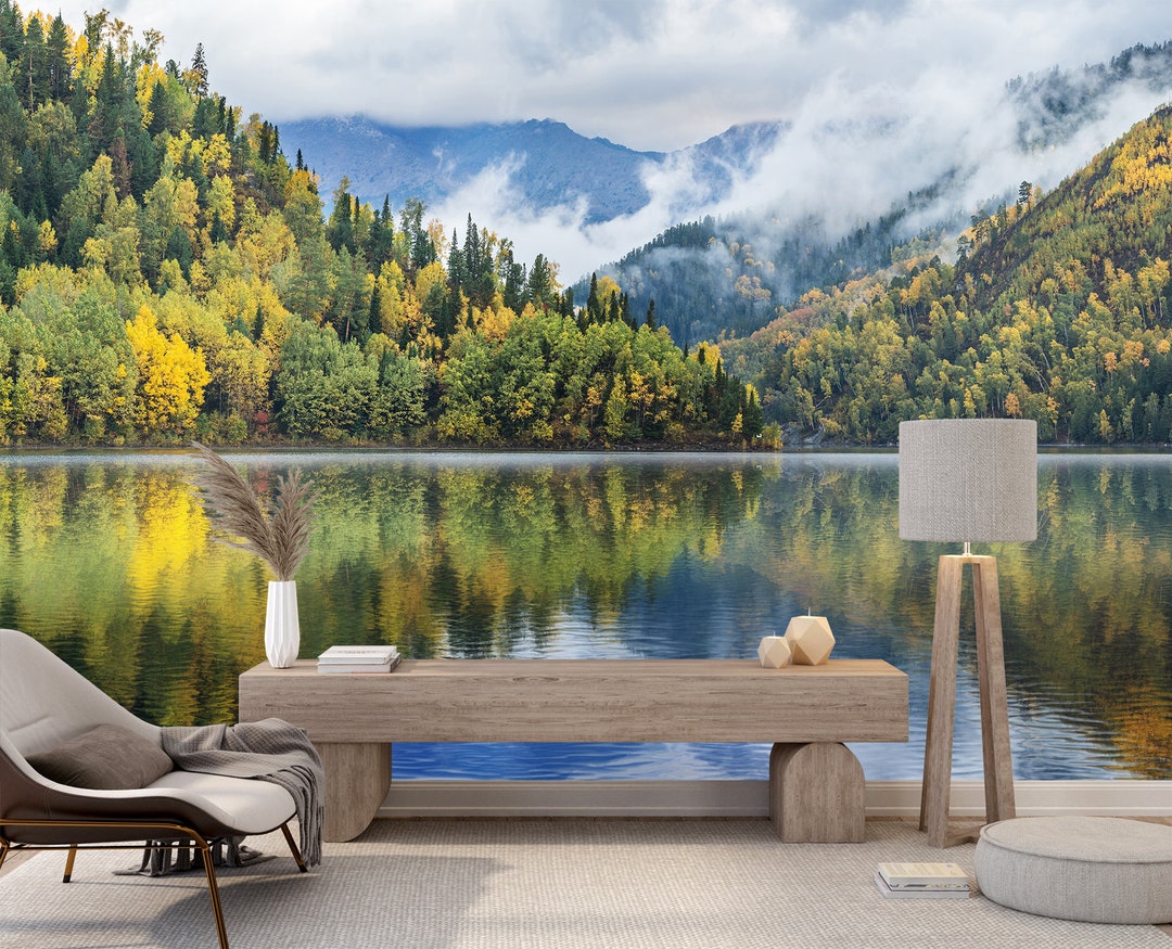 Forest Landscape Wallpaper Vinyl Peel and Stick Nature Art Print Lake ...