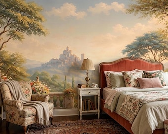 Tuscan Landscape Wall Mural Peel and Stick Vintage Italian Countryside Wallpaper Castle View Romantic Bedroom Wall Decor Classic Scenic
